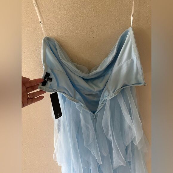NWT Lulus Delightful Beauty Blue Mesh Strapless Ruched Ruffled Maxi Dress Size L - Picture 11 of 12